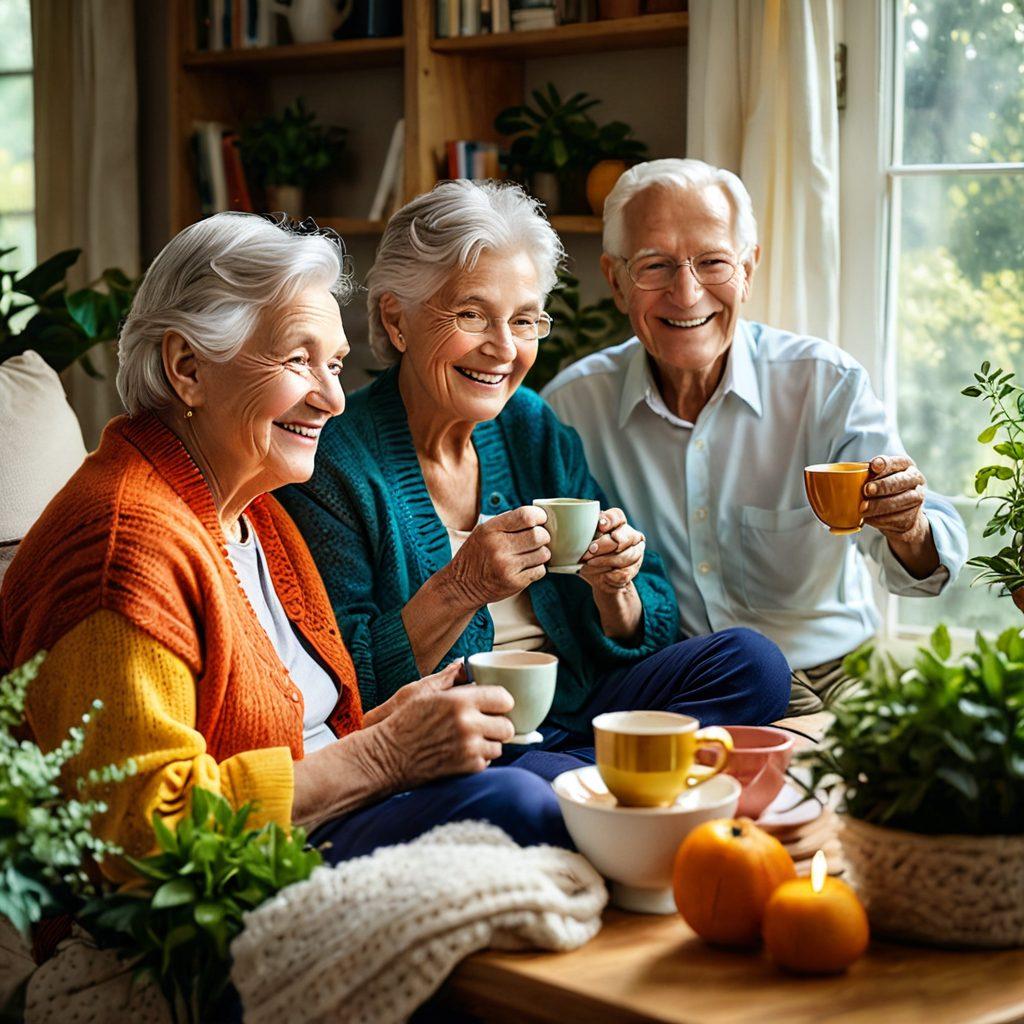 A warm and inviting scene of three elders laughing together in a cozy living room, surrounded by colorful decorations and plants. One elder is knitting, another is sharing a story, and the third is enjoying a cup of tea, all showcasing joyful companionship. Sunlight streams through the window, casting a soft glow on their happy faces. Emphasize the details of their expressions and the comforting atmosphere. super-realistic. vibrant colors.