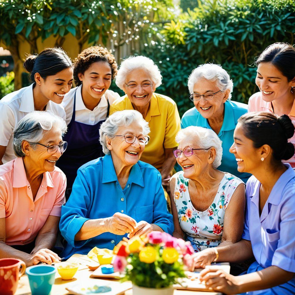 A warm, sunlit scene featuring an elderly person sharing a joyful moment with a group of diverse young individuals, all laughing and engaging in a fun activity like painting or gardening. Surrounding them are colorful flowers and cheerful decorations, bringing a sense of vibrant community connection. The mood conveys happiness, support, and companionship. soft focus. bright colors. painting.
